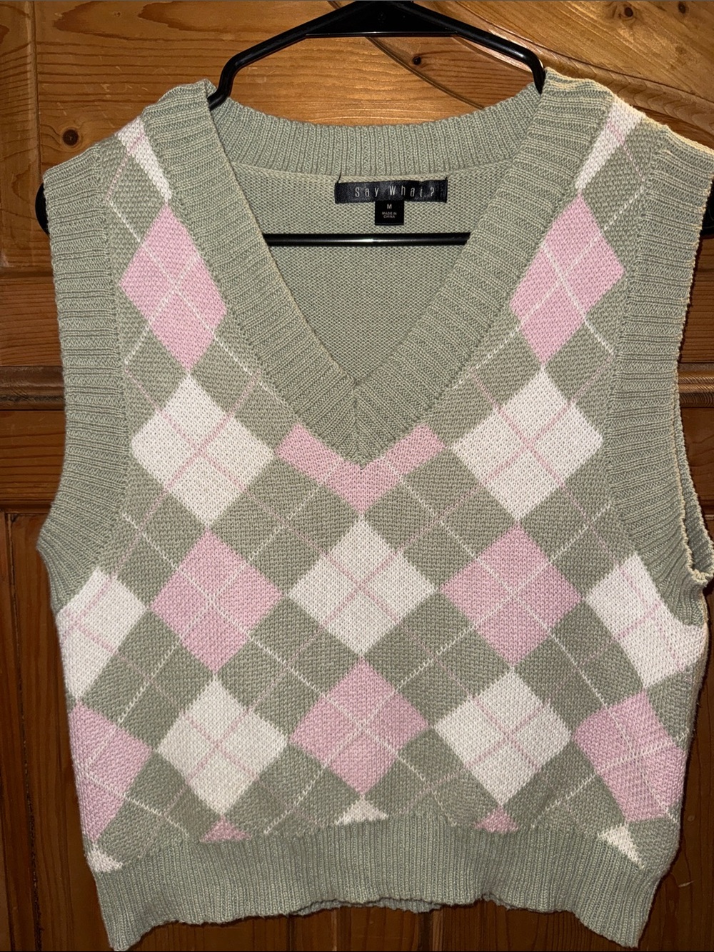 Say What? Pastel Argyle V-Neck Sweater Vest in Sage, Pink & White
